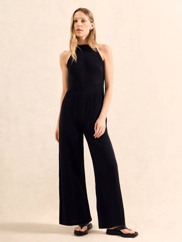 Ro&Zo Black Petite Shirred Waist Cheesecloth 100% Cotton Jumpsuit - Image 1 of 4