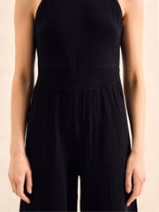 Ro&Zo Black Petite Shirred Waist Cheesecloth 100% Cotton Jumpsuit - Image 3 of 4