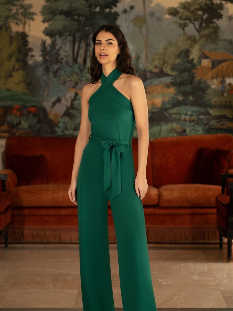 Yumi Green Cross Over Halter Neck Jumpsuit - Image 1 of 5