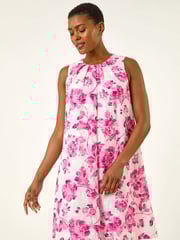 Roman Pink Floral Print Lace Swing Stretch Dress - Image 1 of 5