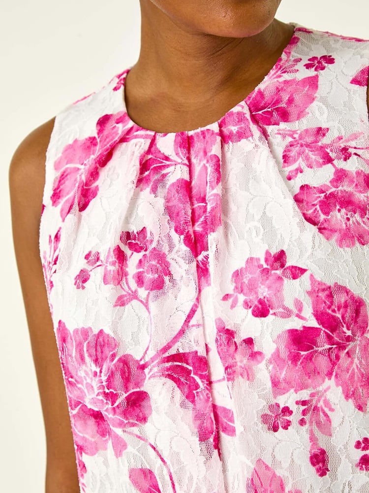 Roman Pink Floral Print Lace Swing Stretch Dress - Image 5 of 5