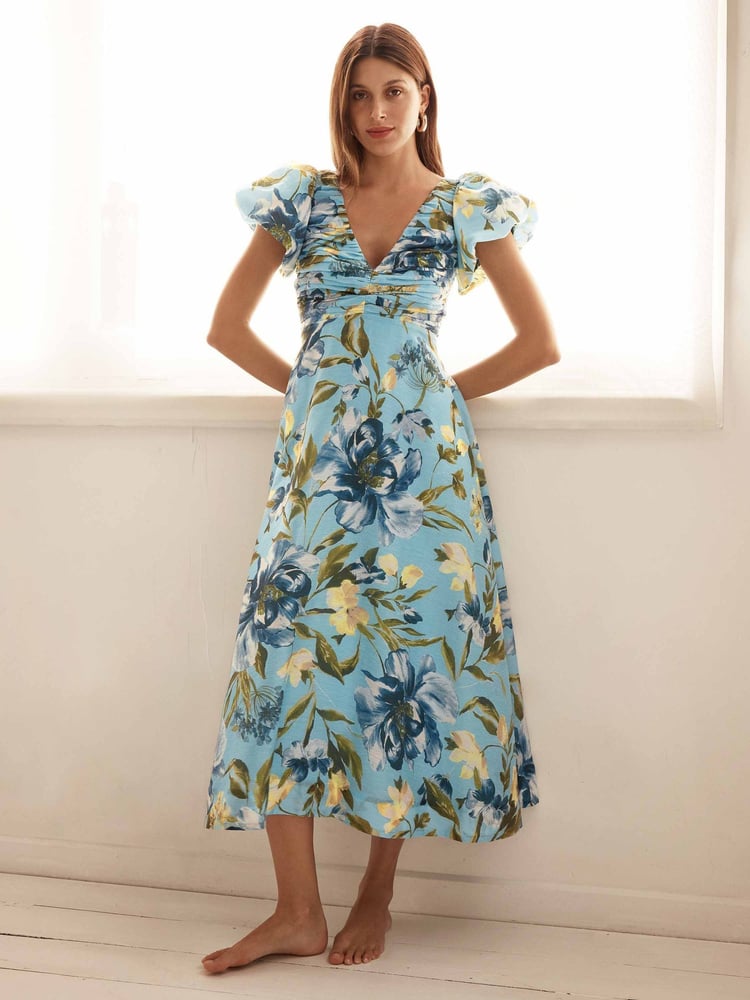 Forever New Blue June Ruched V-Neck Midi Dress with A Touch Of Linen - Image 1 of 4