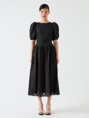 LK Bennett Black Esmerdelda Floral Print Midi Puff Sleeve Dress - Image 1 of 3