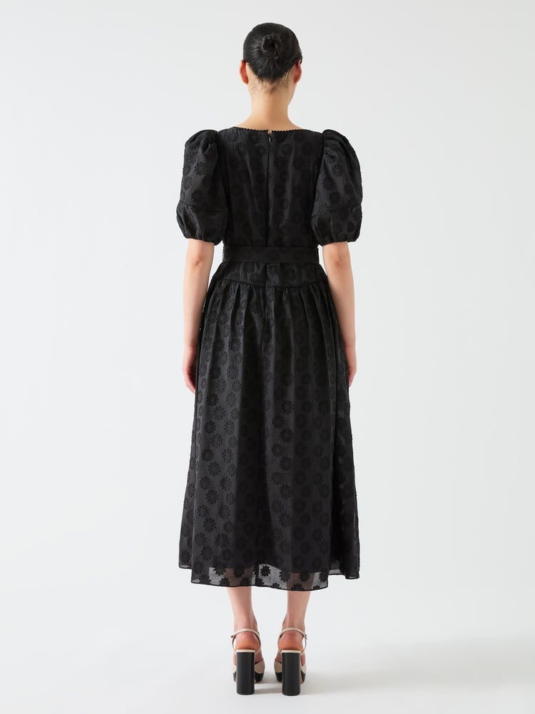 LK Bennett Black Esmerdelda Floral Print Midi Puff Sleeve Dress - Image 2 of 3