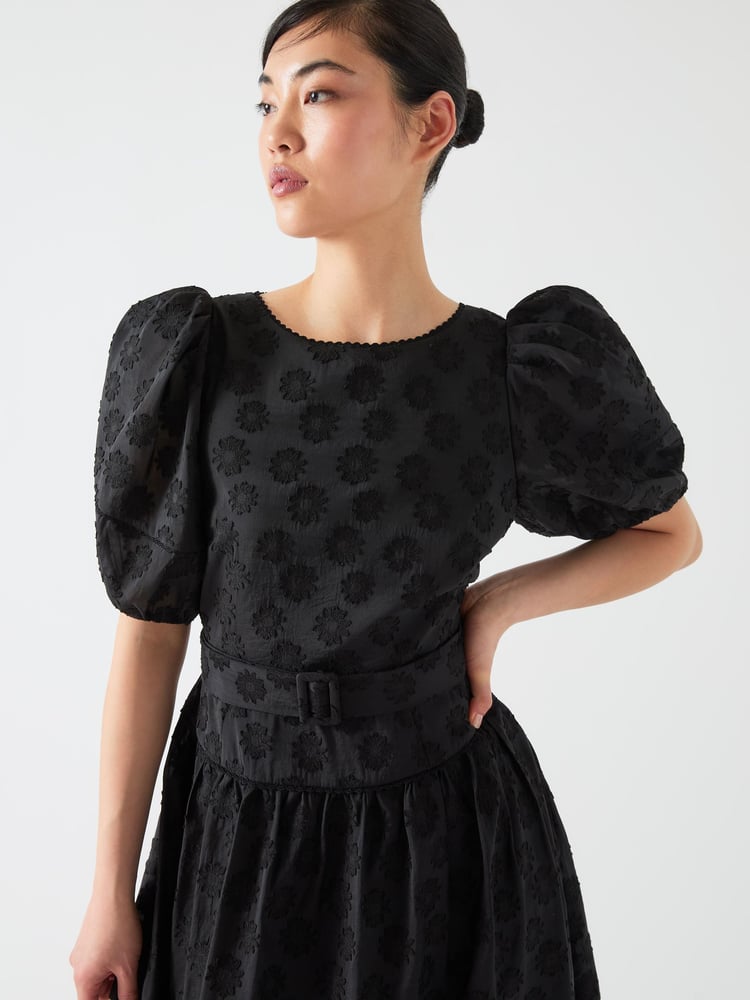 LK Bennett Black Esmerdelda Floral Print Midi Puff Sleeve Dress - Image 3 of 3