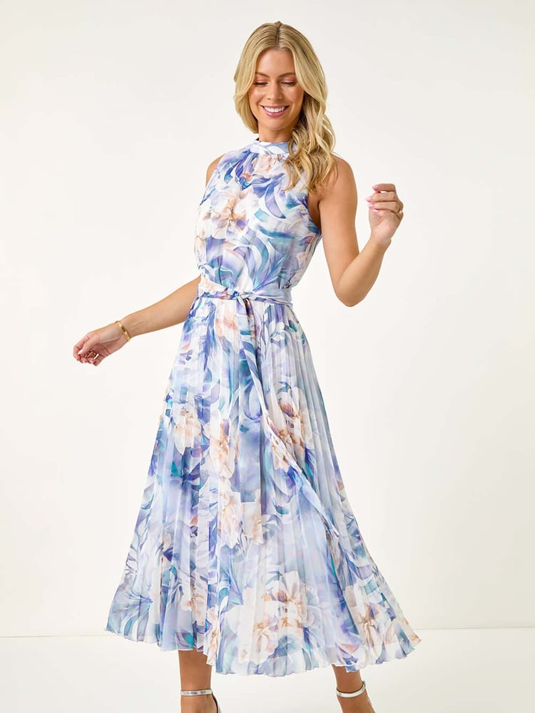 Roman Blue Petite Floral Print Pleated Halter Neck Midi Dress - Image 2 of 5