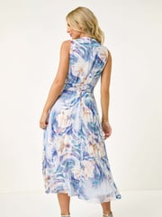 Roman Blue Petite Floral Print Pleated Halter Neck Midi Dress - Image 3 of 5