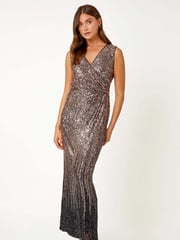 Roman Metallic Sequin V-Neck Stretch Wrap Maxi Dress - Image 1 of 5