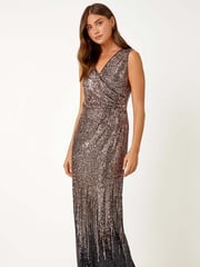Roman Metallic Sequin V-Neck Stretch Wrap Maxi Dress - Image 2 of 5