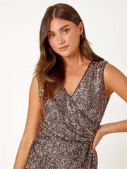 Roman Metallic Sequin V-Neck Stretch Wrap Maxi Dress - Image 4 of 5