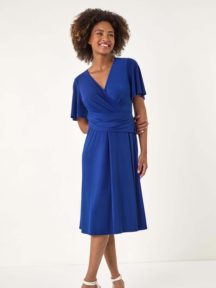 Roman Blue Wrap Over Stretch Midi Dress - Image 2 of 5