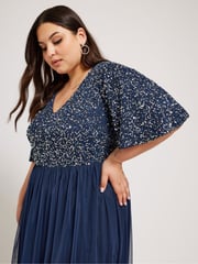 Yours Curve Blue Luxe Sequin V-Neck Maxi Dress - Image 2 of 5