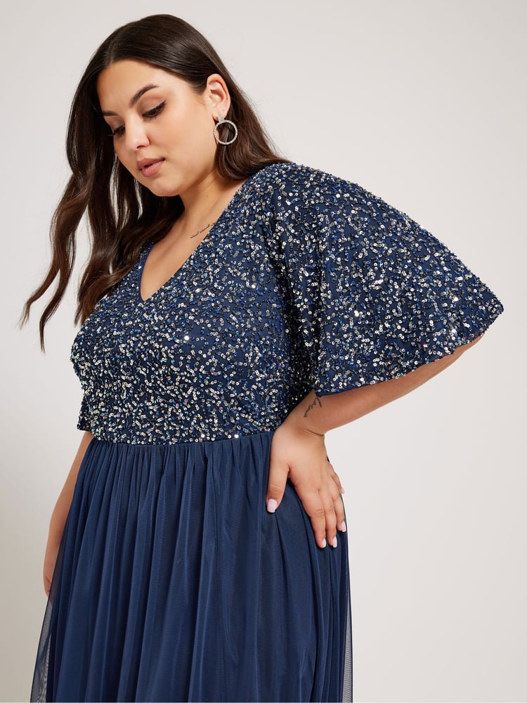 Yours Curve Blue Luxe Sequin V-Neck Maxi Dress - Image 2 of 5