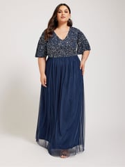 Yours Curve Blue Luxe Sequin V-Neck Maxi Dress - Image 4 of 5
