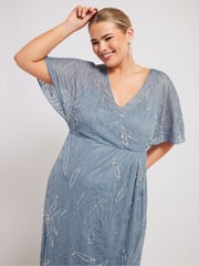 Yours Curve Blue Luxe Embellished Wrap Maxi Dress - Image 4 of 5