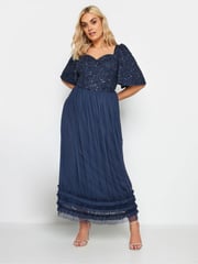 Yours Curve Blue Luxe Sequin Ruffle Hem Maxi Dress - Image 1 of 4