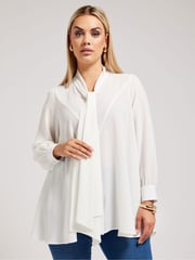 Yours Curve White Tie-Neck Gather Blouse - Image 1 of 5